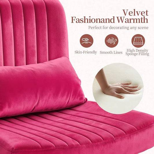 Warmiehomy Criss Cross Office Chair with Wheels, Velvet Cross Legged Desk Chairs for Home, Height Adjustable Swivel Wide Seat Computer Chair, Modern Vanity Chair for Women, Hot Pink