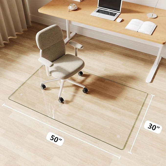 Glass Chair Mat 30" x 50" Heavy Duty Tempered Glass Office Chair Mat, Glass Floor Mat with Round Corner and Polished Edge for Smooth Glide, Carpet Hardwood Floor Protector
