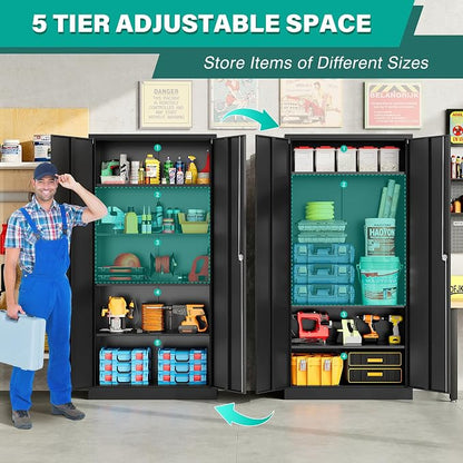 SISESOL Metal Storage Cabinet with 2 Doors and 5 Shelves,71" Lockable Garage Storage Cabinet,Black Metal Cabinets with Lock,Locking Steel Cabinets for Home,Office,Garage,Shop,School