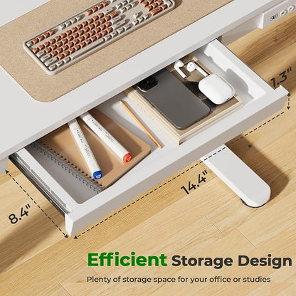 Electric Standing Desk with Drawer, 35" x 20" Whole Piece Tabletop Small Sit Stand Desk, Height Adjustable Desk with Storage & USB Ports, Quick Install Home Office Computer Desk, White