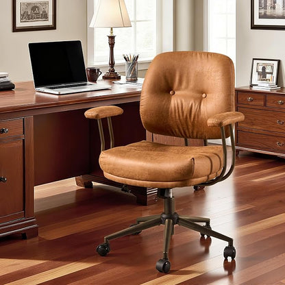 Leather Home Office Chair, Mid Back Ergonomic Desk Chair with Lumbar Support, Mid Century Modern Deep Seat Swivel Rocking Computer Chair, Brown