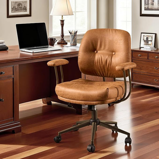 Leather Home Office Chair, Mid Back Ergonomic Desk Chair with Lumbar Support, Mid Century Modern Deep Seat Swivel Rocking Computer Chair, Brown