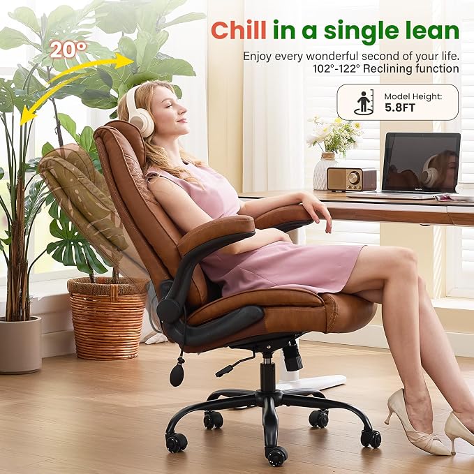 500lbs Big and Tall Office Chair with Inflatable Lumbar Support, Rubber Wheels Executive Chair with Rocking Function, High Back Wide Cushion Leather Ergonomic Computer Desk Chair for All-Day Sitting