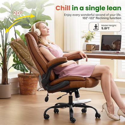 500lbs Big and Tall Office Chair with Inflatable Lumbar Support, Rubber Wheels Executive Chair with Rocking Function, High Back Wide Cushion Leather Ergonomic Computer Desk Chair for All-Day Sitting