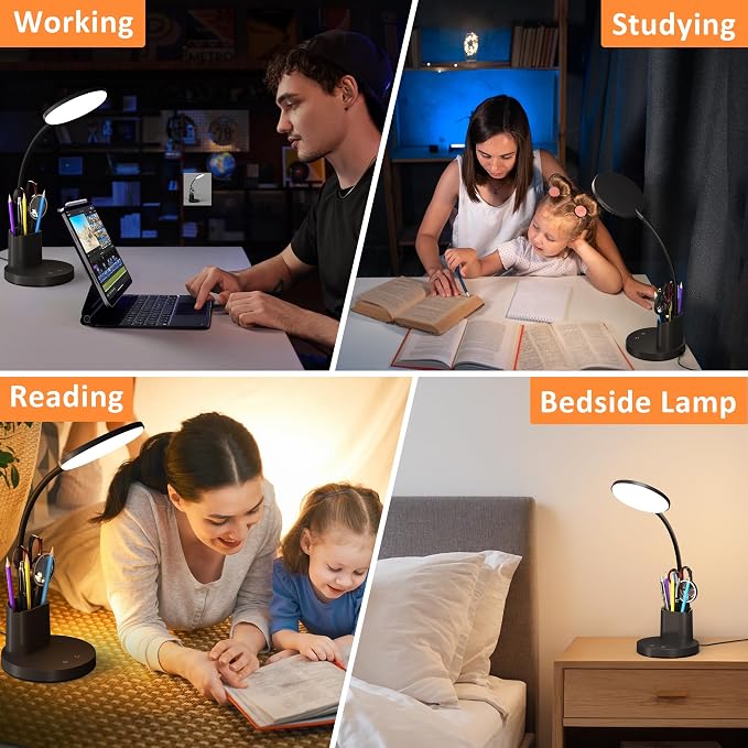 Desk Lamp, LED Desk Lamps for Home Office, Touch Table Lamp with 3 Color Modes 360° Adjustable Arm, Dimmable Desk Light with Pen Phone Holder for College Dorm, Black