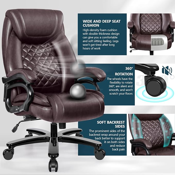 Big and Tall 500lbs Office Chair,Heavy Duty Large PU Leather Executive Desk Chair with Wide Seat, Adjustbale Ergonomic Lumbar Support High Back Rocking Computer Chair for Heavy People (Brown)