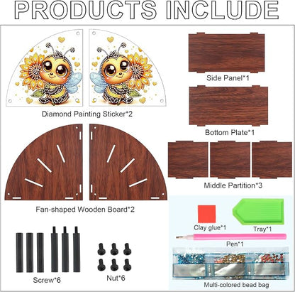 Bee and Sunflower Diamond Painting Organizer – DIY Wooden Multi-Compartment Desktop Storage Box, Rustic Tabletop Craft Kit for Adults Home or Office Use