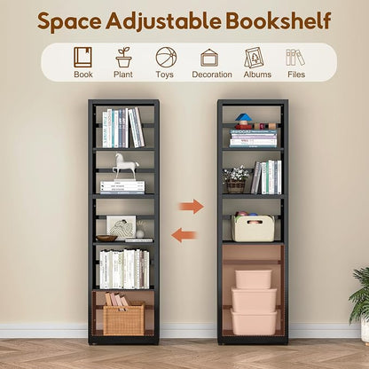 UNICOLY Bookshelves and Bookcases, 5 Tier Metal Bookshelf with Adjustable Shelves and Bookends, Open Shelf Bookcase, Display Shelves for Home Decor Bedroom, Living Room, Home Office, Black