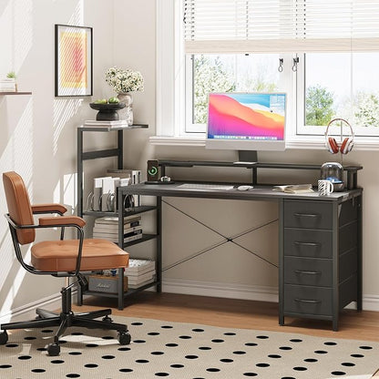 59 Inch Gaming Desk with Power Outlet and LED Lights, Computer Desk with 4 Drawers & Storage Shelves, Reversible Home Office Desk with Monitor Stand for Small Space Bedroom, Carbon Fiber Black