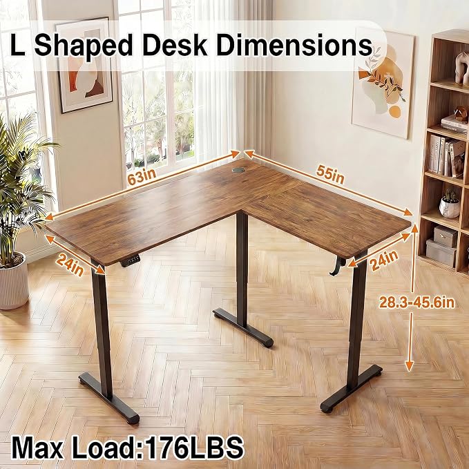 63” L Shaped Standing Desk,Electric Height Adjustable Corner Stand Up Desk, Ergonomic Sit Stand Home Office Computer Desk with Splice Board (Brown)