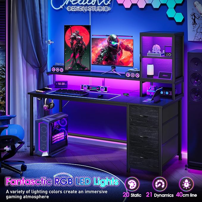 DurayLoly 47" Gaming Desk with Hutch and Cabinet to Display, Gaming Table with 3 Drawers for Small Space Storage, 2 AC Power Outlets and RGB Light, Monitor Stand for Student Bedroom