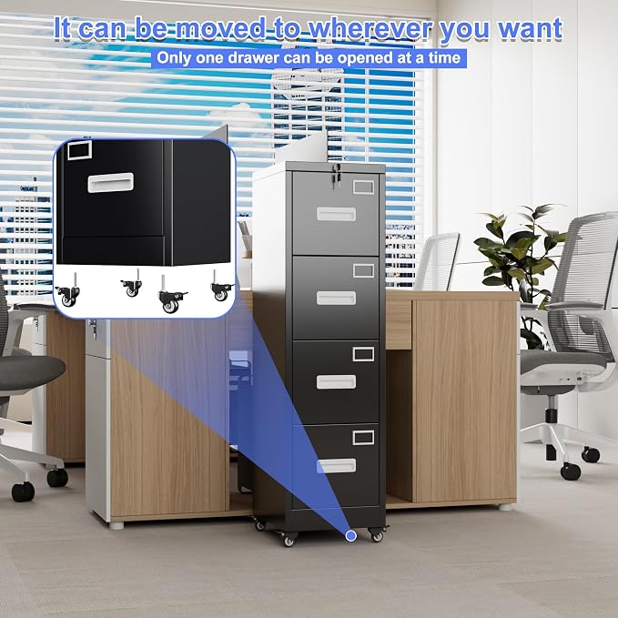 METAN 4 Drawer Metal File Cabinet with Lock, Mobile Heavy Duty Steel Filing Cabinet with Full Extension Rails, for Office Workspaces, Letter Legal Size, Black, Assembly Required