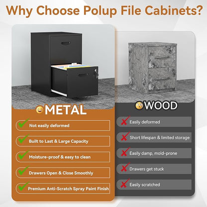 Polup 2 Drawer File Cabinet with Lock, Metal File Cabinets for Home Office, Two Drawer Locking Filing Cabinet, Small File Cabinet for Under Desk for Hanging Letter Size, Black, Assembly Required