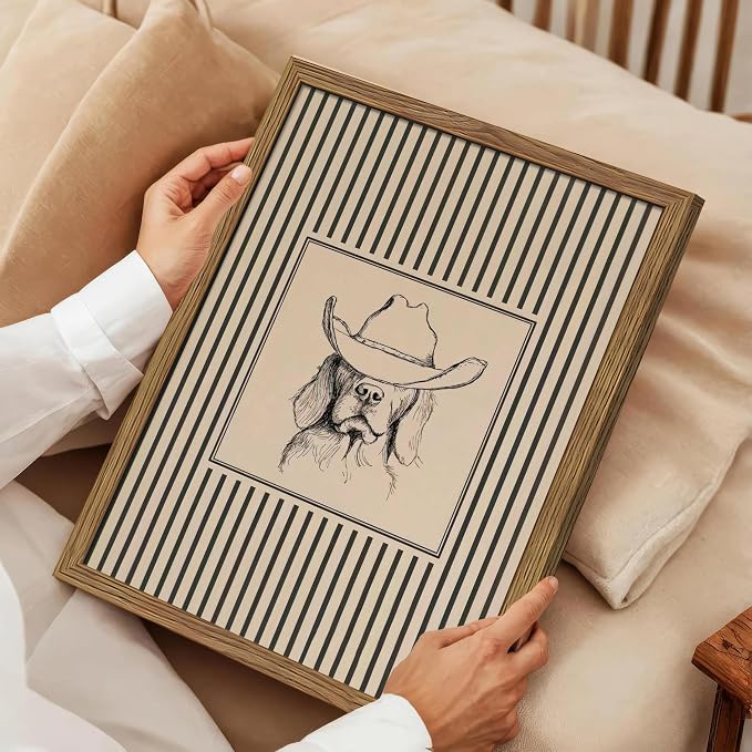 Western Cowboy Dog Wall Art - Framed Canvas Wall Decor for Living Room, Bedroom & Nursery, Vintage Animal Sketch in Wood Frame, Cute Dog with Hat Picture, Farmhouse Style 12x16 inch