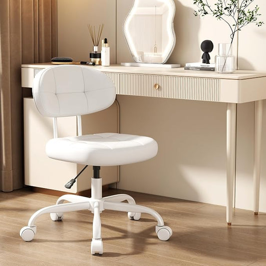 Misolant Vanity Chair with Back, Small Armless Cute office Chair with wheels and Lumbar support, Comfy PU Leather Desk Computer Chairs with Adjustable Height, 360°Swivel for Home Bedroom Office, White
