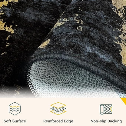 RELEANY Washable Area Rugs Square 8ft Non-Slip Modern Abstract Soft for Living Room Entryway Bedroom Kitchen, Print Pattern, Dark Black Gold