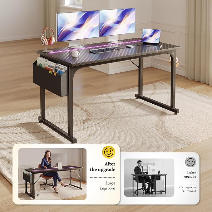 DurayLoly 48" Gaming Desk with Waterproof LED Lights, Carbon Fiber Desktop for Small Spaces | Home Office Study Computer Desk with Storage Bag & Headphone Hook, Black