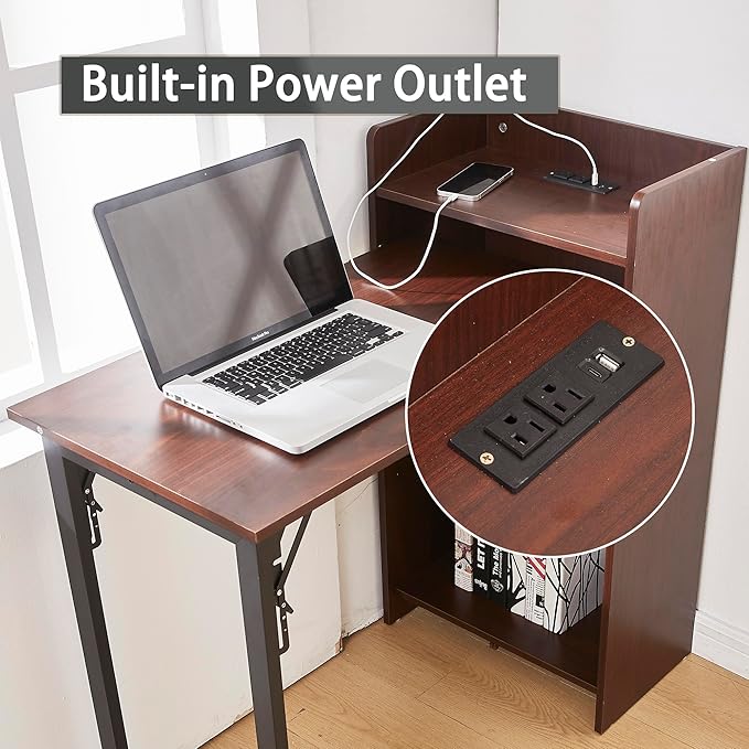 Foldable Desk,Hidden Desk with Storage and Built-in Socket,Mid Century Fold Out Table for Small Spaces,Home Office and Bedroom (Brown)