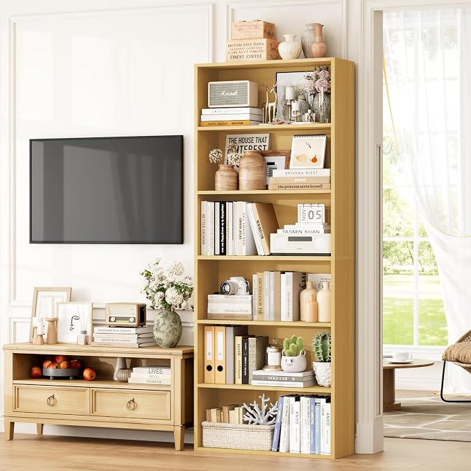 FOTOSOK 6-Tier Open Bookcase and Bookshelf, Freestanding Display Storage Shelves Tall Bookcase for Bedroom, Living Room and Office,Natural Set of 2