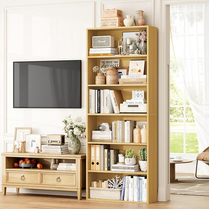 FOTOSOK 6-Tier Open Bookcase and Bookshelf, Freestanding Display Storage Shelves Tall Bookcase for Bedroom, Living Room and Office,Natural Set of 2