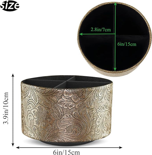 lizimandu Round Leather Art Supply Organizer,Remote Control Holder,360 Degree Spinning,Multi-Functional Pencil Holder,4 Compartments Desktop Stationary Organizer(1-Gold)