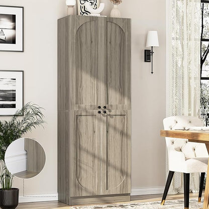 Cyclysio 80" Storage Cabinet, Tall Arched Bookcase with 4 Soft Close Doors, 6-Tier Wooden Pantry with Adjustable Shelves, Seamless Fit Wall for Home Office, Living Room, Kitchen (Ash Grey)