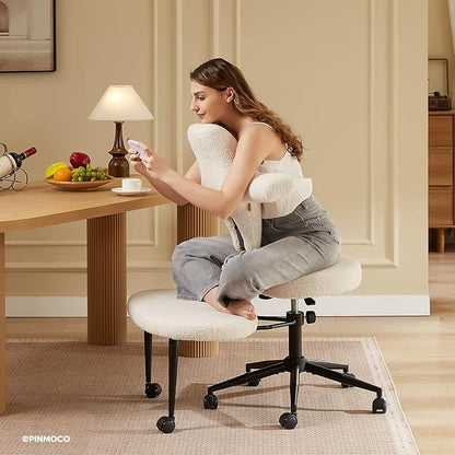 Pinmoco Ergonomic Cross Legged Office Chair Extra Wide for ADHD and Meditation, Kneeling Chair with 360° Swivel Wheels and Reversible Seating, Adjustable Height and Seat Depth, Teddy Fabric, White
