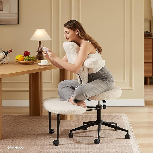 Pinmoco Ergonomic Cross Legged Office Chair Extra Wide for ADHD and Meditation, Kneeling Chair with 360° Swivel Wheels and Reversible Seating, Adjustable Height and Seat Depth, Teddy Fabric, White