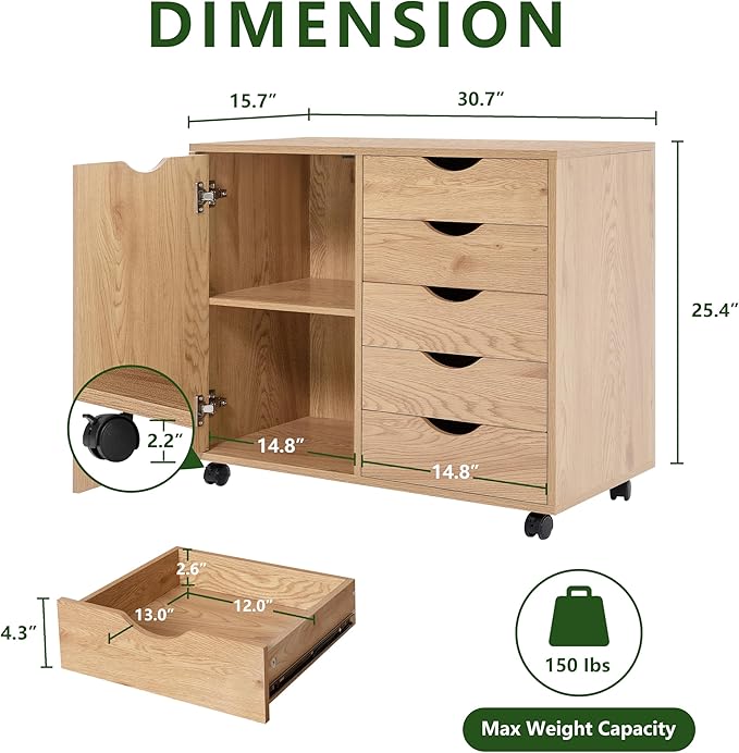 5 Drawer Wood Storage cabinets, Chest of Drawers for Home Office, Printer Stand with Adjustable Shelf (Natural)