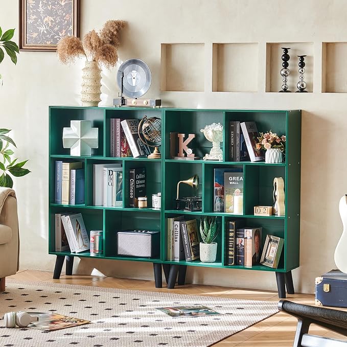 LEYAOYAO Cube Bookshelf 3 Tier Mid-Century Dark Green Modern Bookcase with Legs,Retro Wood Bookshelves Storage Organizer Shelf,Freestanding Open Book Shelves for Bedroom,Living Room,Office