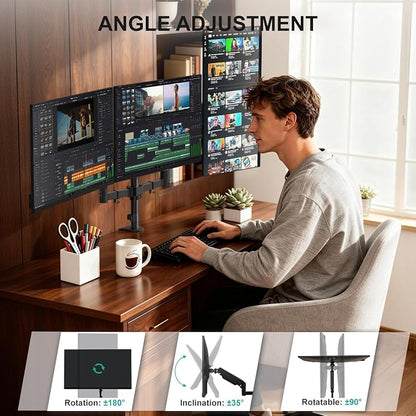 WALI Triple Monitor Mount for 13-32 inch Screens, up to 17.6 lbs per Arm | Adjustable 3 Monitor Desk Mount with Swivel, Tilt, Rotation, Triple Monitor Stand for Desk, VESA 75/100mm (GSDM003), Black