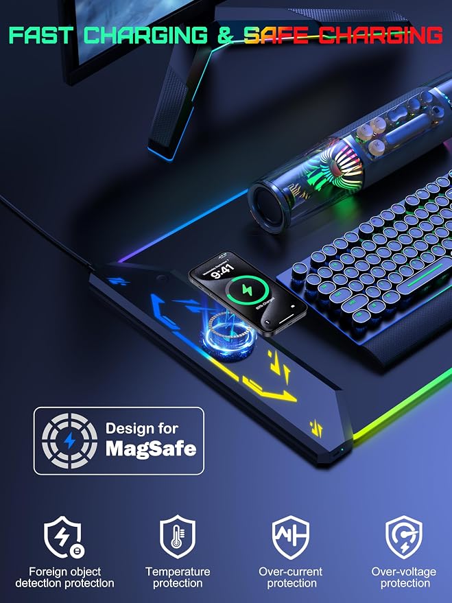 TopMade Wireless Charging Mouse Pad, RGB Gaming Mousepad, 35.4" x 15.8" Extra Large Waterproof Keyboard Desk Pad, Cool Computer Desk Mat, Black (Includes 20W PD Power Adapter & 6.56ft Woven Cable)