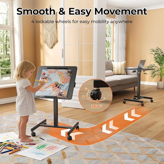 JOY worker Mobile Standing Desk, 23.6" x 20.5" Small Rolling Laptop Cart with 90° Tiltable Desktop, Portable Height Adjustable Sit-Stand Computer Desk on Wheels for Home Office, Black