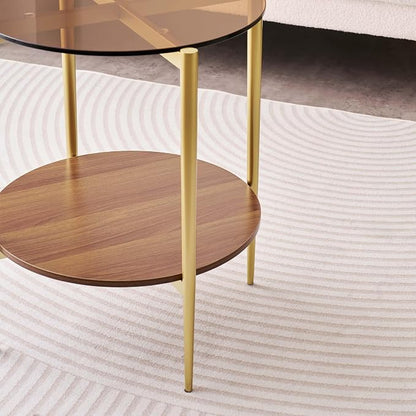 LumFurn Round Glass End Table, Mid-Century Modern Design Sofa Table for Living Room, D18 x H23, 2-Tier Structure, Amber Glass Top and Walnut Shelf, Sleek Conical Legs with Gold Finish Frame