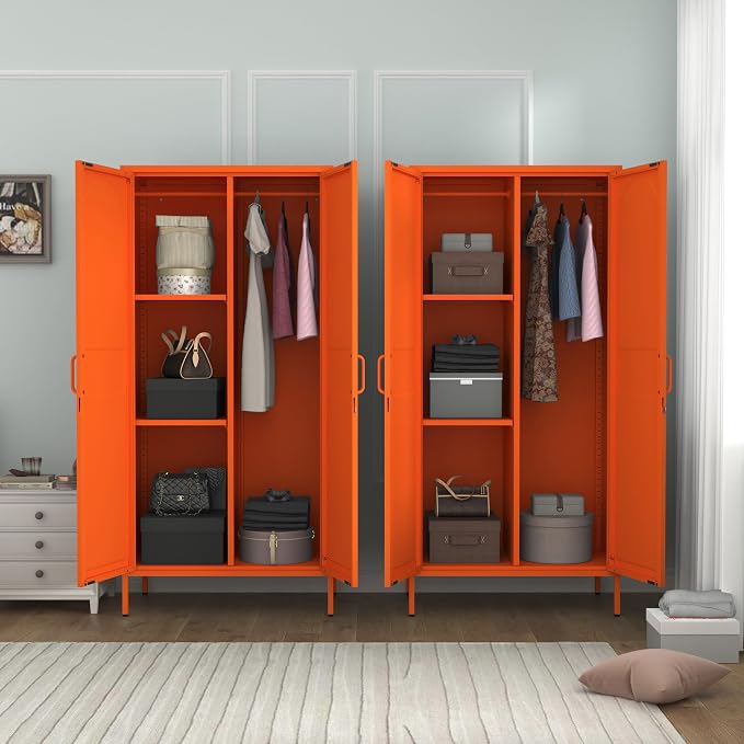 Metal Storage Wardrobe Cabinet with Lock, 67" Armoire Storage Cabinets Locker with Shelves and Hanging Rod, Steel Freestanding Metal Locker for Home Bedroom Orange 67" H X 31.5" W X 18.1" D