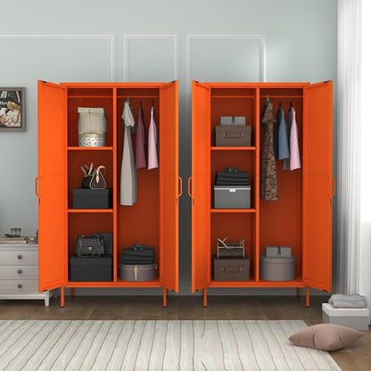 Metal Storage Wardrobe Cabinet with Lock, 67" Armoire Storage Cabinets Locker with Shelves and Hanging Rod, Steel Freestanding Metal Locker for Home Bedroom Orange 67" H X 31.5" W X 18.1" D