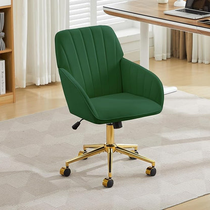 Velvet Home Office Desk Chair, Modern Cute Computer Task Chair with Back, Height Adjustable Upholstered Vanity Chair with Swivel Wheels for Women, Girls (Gold Base, Green