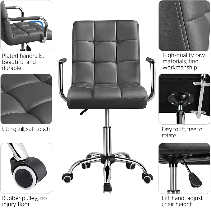 Topeakmart PU Leather Ergonomic Office Chair with Armrests, 360° Swivel Large Seat Stylish Desk Chair Heavy Duty Base Gaslift Cylinder Task Chair on Wheels, Grey