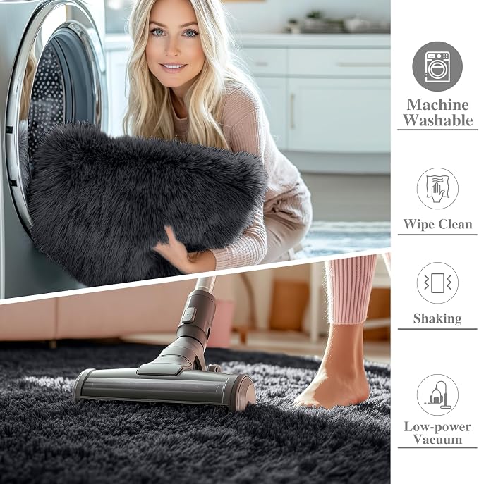 OLANLY 4x11 Area Rugs for Living Room Bedroom, Machine Washable Soft Fluffy Shaggy Bedside Rug, Indoor Floor Carpet for Kids Girls and Boys, Dorms, Nursery Rooms, Home Decor Aesthetic, Black