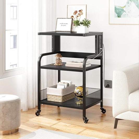 GarveeLife Printer Stand with Power Outlets, 3-Tier Rolling Printer Table with Lockable Wheels, Heavy Duty Printer Cart with Adjustable Shelves, Utility Storage Cart for Home, Office, Black