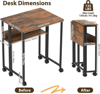 Garvee Folding Desk Small Rolling Desk with Storage Shelf,24.8 Inch Foldable Computer Table for Small Spaces, Space Saving Sofa Table with Wheels for Home Office, Study, Easy Assembly,Walnut