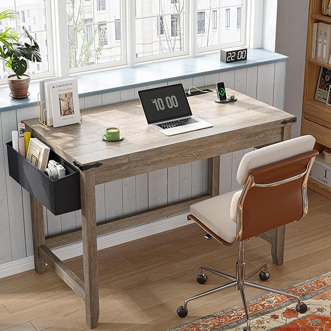 EnHomee 32" Farmhouse Writing Desk,Small Bedroom Desk with Power Outlet and Storage Bag, Sturdy Computer Desk for Small Spaces, Thickened Solid,Compact Home Office Desk for Bedroom Study,Ash Gray