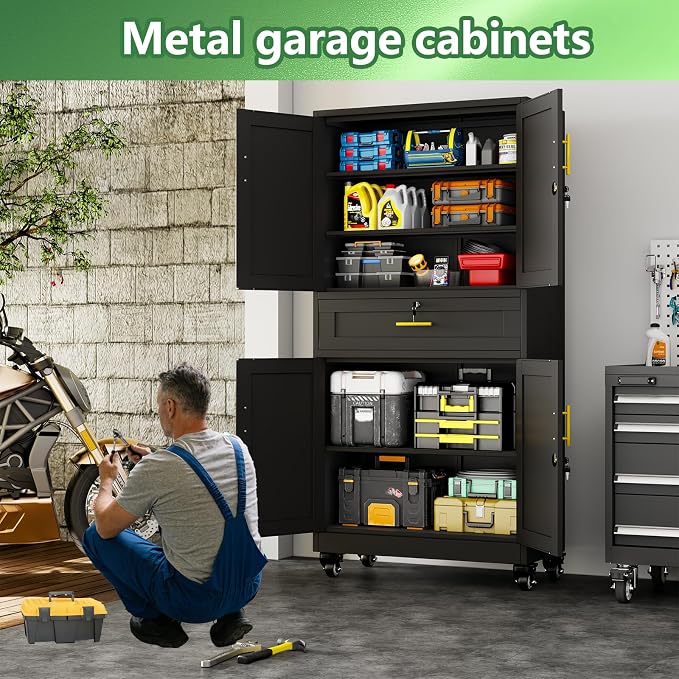 Black Metal Storage Cabinet, 71" Tall Locking Storage Cabinet with 2 Adjustable Shelves, Steel Locker Organizer, for Office, Home, School