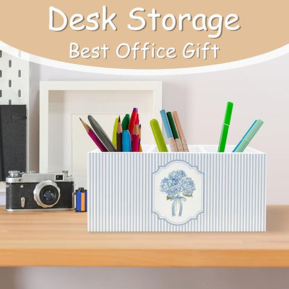 Hydrangea Pen Pencil Holder Organizer for Desk, Hydrangea Gifts, Hydrangeas Kitchen Cooking Makeup Brush Utensil Holder, Blue and White Bow Floral Wooden Box Sign for Home Office Tabletop Decor