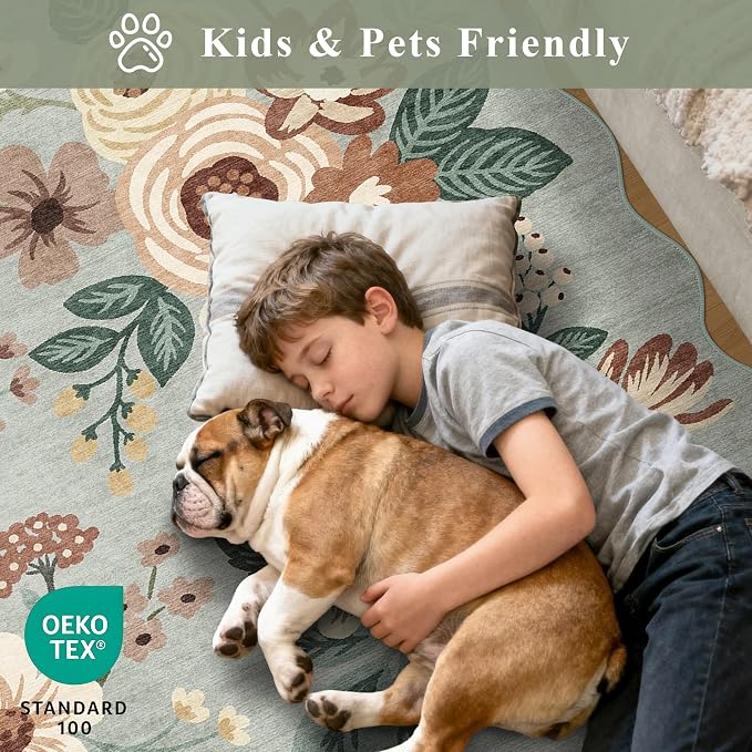 DUKINO 2x8 Washable Runner Rug, Soft Floral Hallway Rug Runner with Low Pile Design, Non Shedding & Non Slip Backing Thin Indoor Carpet for Bedroom, Bathroom, Entrance, Kitchen, Sage Green