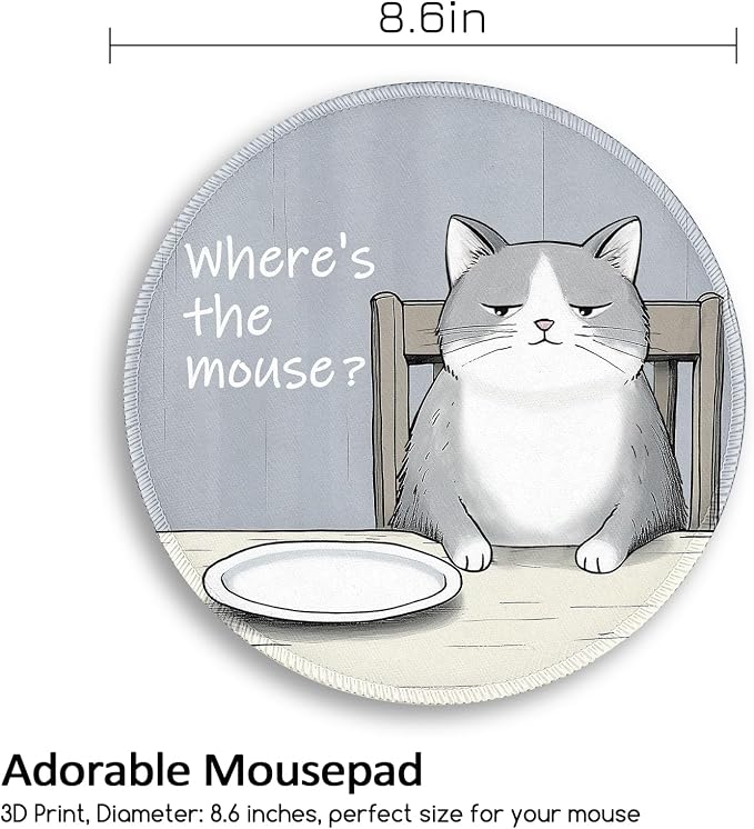 Funny Cat Mouse Pad, Grey Small Round Mouse Pads for Desk, Mini Travel Mousepad for Wireless Computer Laptop, Office Desk Accessories, Where's The Mouse, 8.6 x 8.6 inch