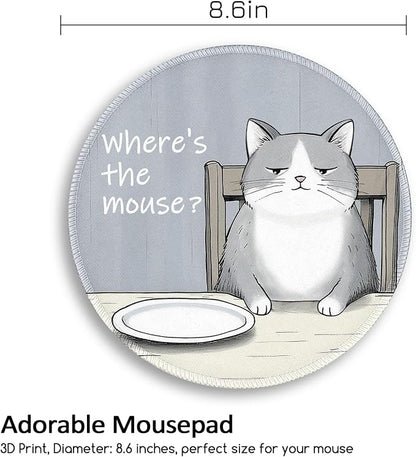 Funny Cat Mouse Pad, Grey Small Round Mouse Pads for Desk, Mini Travel Mousepad for Wireless Computer Laptop, Office Desk Accessories, Where's The Mouse, 8.6 x 8.6 inch