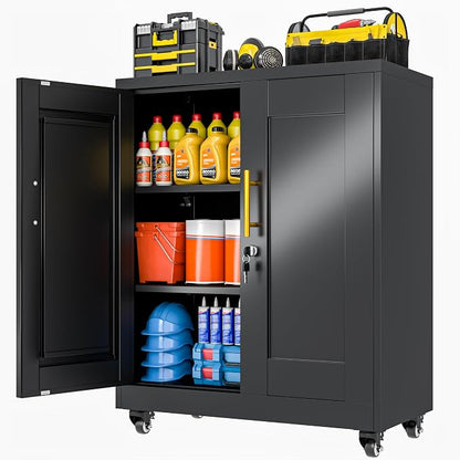 36" Metal Garage Storage Cabinet with Lock and Wheels,Rolling Steel Locker Organizer,Office File Cabinet with 2 Doors and 2 Adjustable Shelves,Tool Cabinets for Home Office,Gym,School (Black)