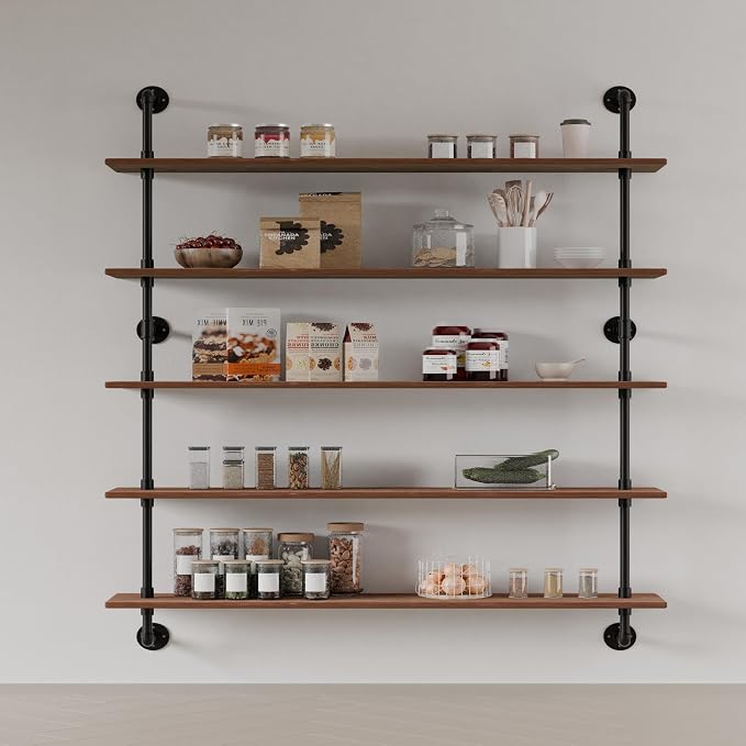 HDDFER Floating Shelves for Wall Bookshelf Industrial Pipe Shelving Shelves 48 Inch 5 Tier Natural Wood Planks Rustic Wall Shelves Hanging Bookshelves Farmhouse Kitchen Shelving