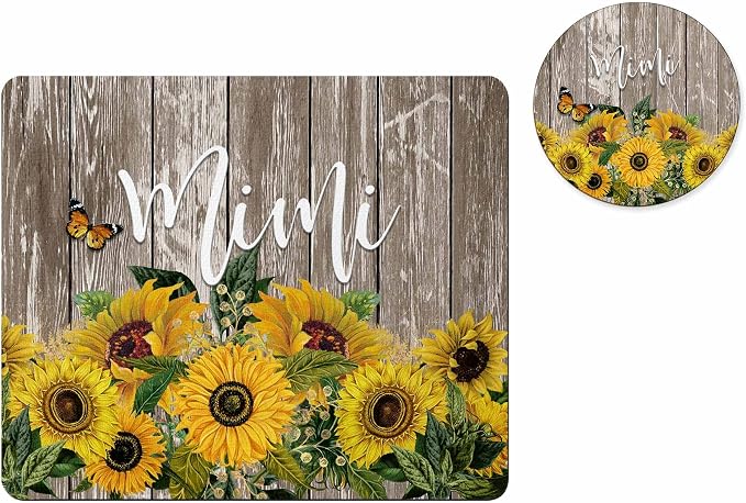 Sunflower Personalized Mouse Pad and Coaster Custom Desk Set Teacher Appreciation Coworker Gifts Office Decor Cute Accessories for Women Her Handmade (Sunflower Barnwood)